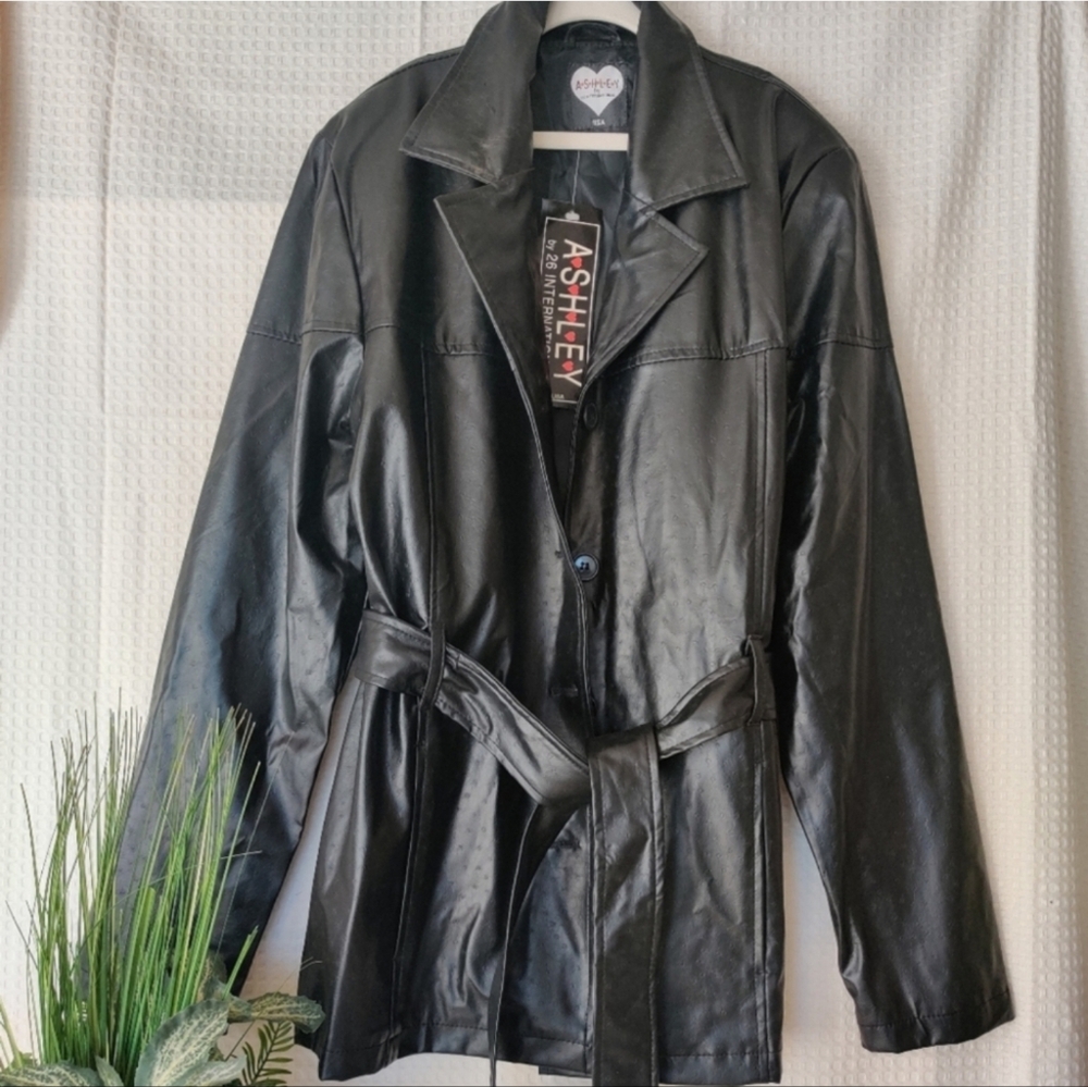 Ashley by 26 International Vintage Faux Leather Short Trench  Blck Jacket Size M
